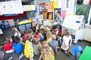 Children sitting on the mat in class.