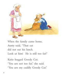 Child hugging greedy cat.