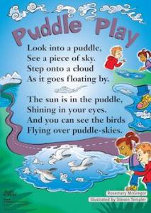 Poem and people standing beside a puddle.