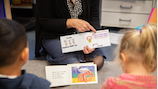 Teacher pointing out strategies to two students, reading with their backs to the camera.